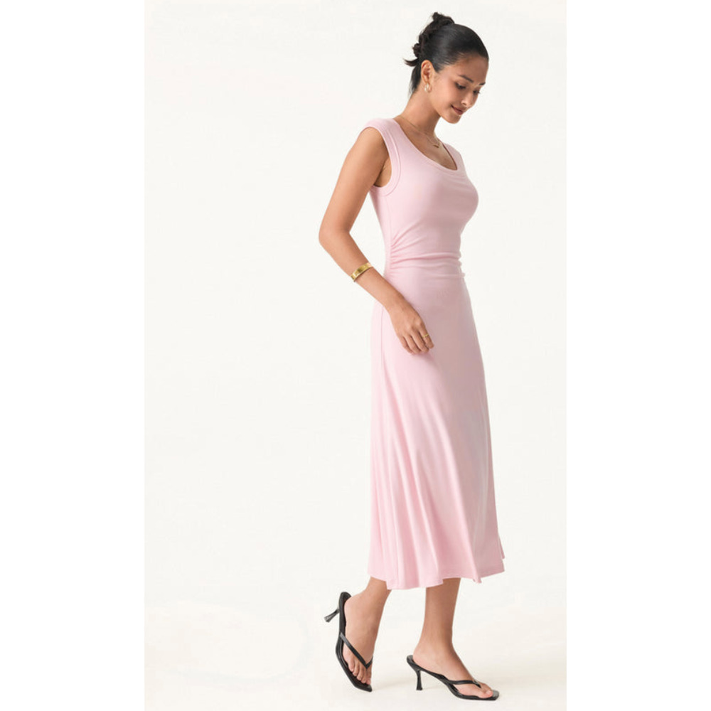 OGL Scoop Neck Side Ruched New Airy Bra Midi Dress Pink M Comfort and Style - Picture 4 of 7